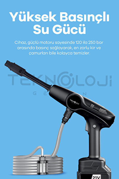 Teknoloji Gelsin Araç Yıkama Makinesi Yüksek Basınçlı Bahçe Ağaç Sulama Çift Batarya 21 Watt 30 psı 5m Kablo Köpük