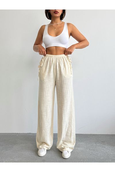BEJNA Cremefarbene Leinenhose mit seitlicher Bindung für Damen