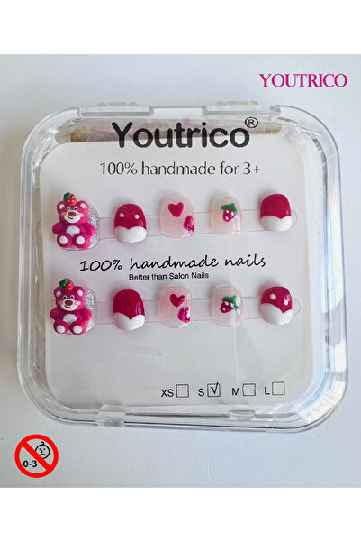 Youtrico أظافر أطفال لاصقة مصنوعة يدويًا بنسبة 100% على شكل رأس دب فراولة بال...