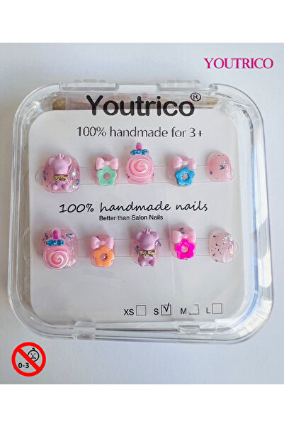 Youtrico أظافر أطفال لاصقة مصنوعة يدويًا بنسبة 100%، لون أخضر كرتوني، آمنة لل...