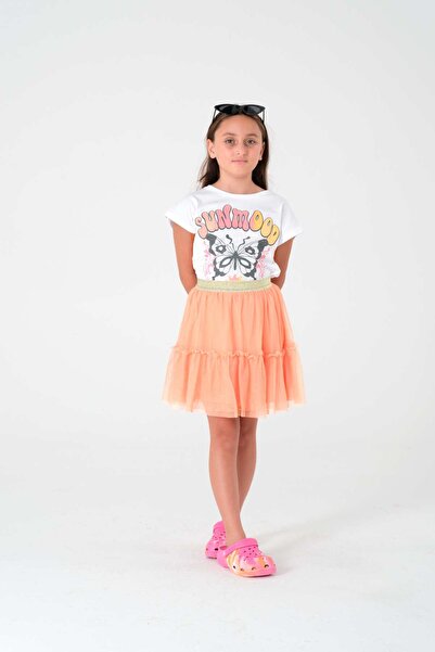 Kyron Tricou cu ciucuri cu imprimeu alb pentru fete 100% bumbac / Design confortabil și elegant