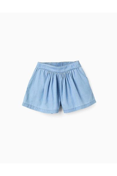 Ziddy Shorts with Gathered Detail in Lightweight Denim for Girls, Blue