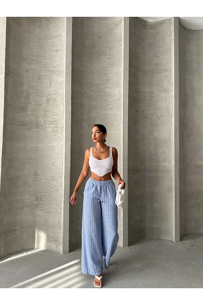 Miss Allos Women's Lace-Up Front Striped Linen Trousers