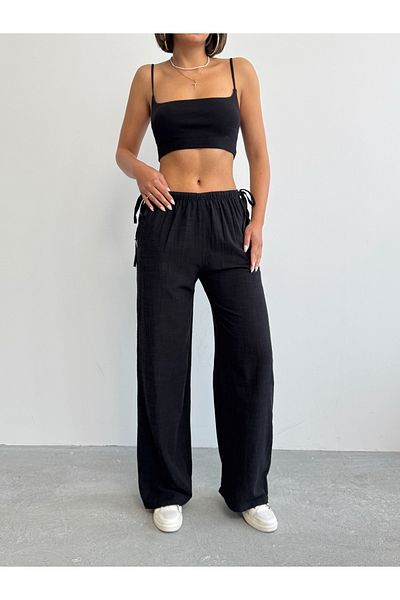 BEJNA Schwarze Leinenhose mit seitlicher Bindung für Damen