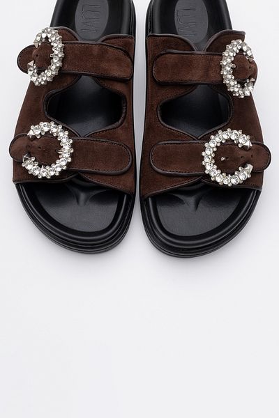 LuviShoes MORELIA Papuci de damă din piele naturală din piele intoarsa maro cu dungi duble