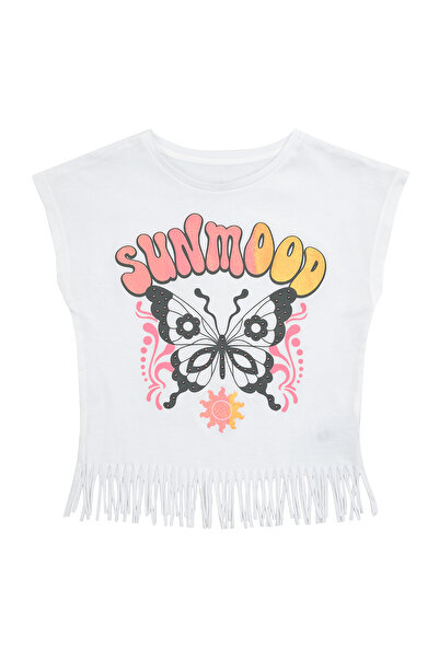 Kyron Tricou cu ciucuri cu imprimeu alb pentru fete 100% bumbac / Design confortabil și elegant