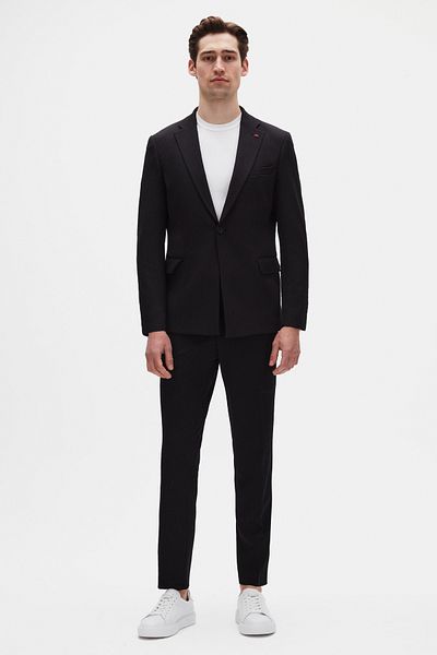 Twn Slim Fit Black Corded Knitted Suit