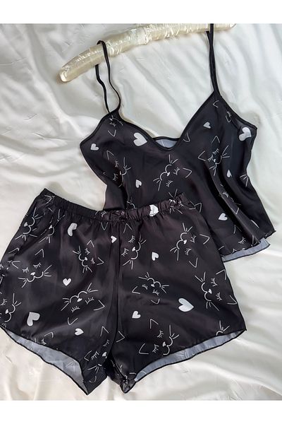 ROZENİN LINGERIE Σετ πιτζάμες σατέν με μοτίβο μαύρης γάτας με ρυθμιζόμενο λουράκι