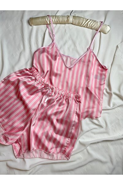 ROZENİN LINGERIE Σετ Πιτζάμες Σατέν Ροζ Ριγέ Ρυθμιζόμενο λουράκι