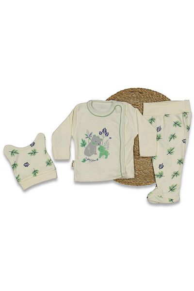 TRENDİMİZBİR Baby Girl Teddy Bear Patterned Green 3-Piece Bodysuit Set