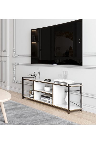 Golden Bark طاولة تلفزيون بتصميم جميل وعصري، مصنوعة من الخشب والمعدن، مقاس 120 سم باللون الأبيض