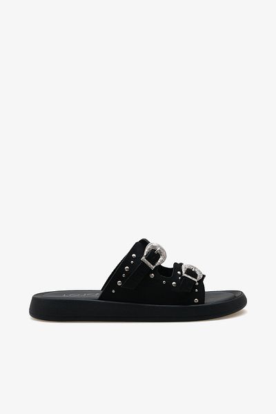 LOJO Women's Stoned Double Buckle Daily Slippers Petras Black