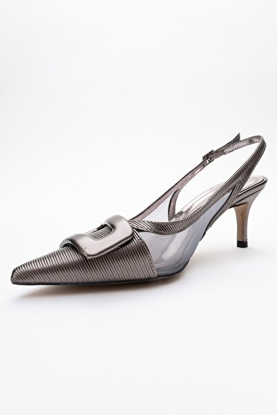 LuviShoes Foley Platinum Striped Women's Pointed Toe Open Back Thin Heeled Shoes