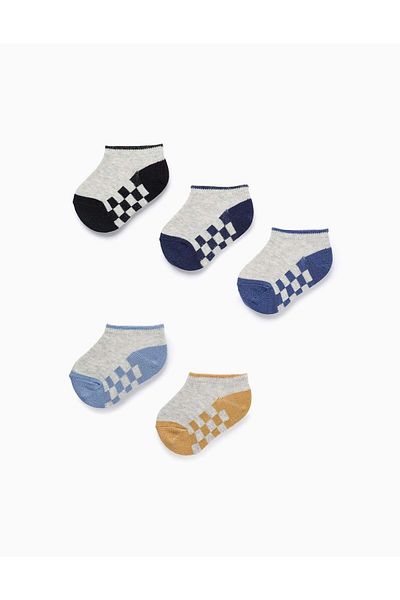 Ziddy Pack of 5 Pairs of Ankle Socks for Baby Boys 'Squares', Grey/Blue/Yellow