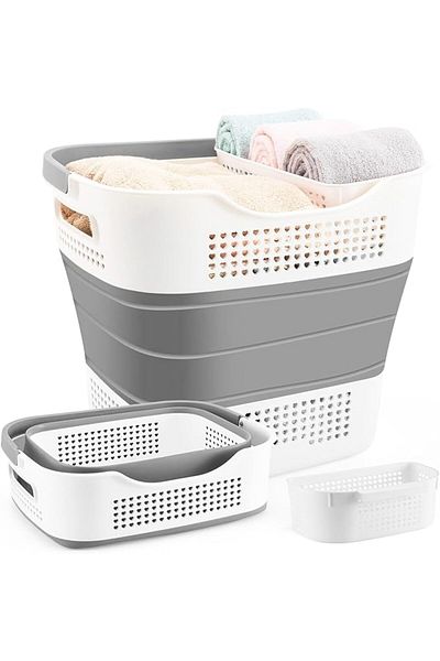 COOYA Large Foldable Laundry Basket 40L with Handle - Grey (Collapsible Storage Bin)