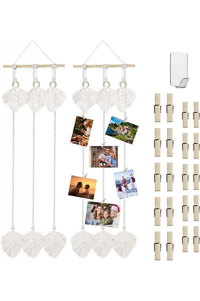 BINOTHINK Wall Decor Set And 18 Photo Collage Clips, Macrame/wood, White, 150 Cm X 35