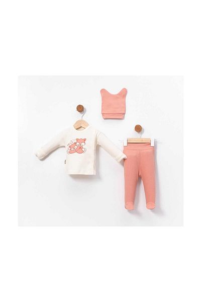 TRENDİMİZBİR Baby Girl Fox Embroidered 3-Piece Newborn Bodysuit Set Salmon