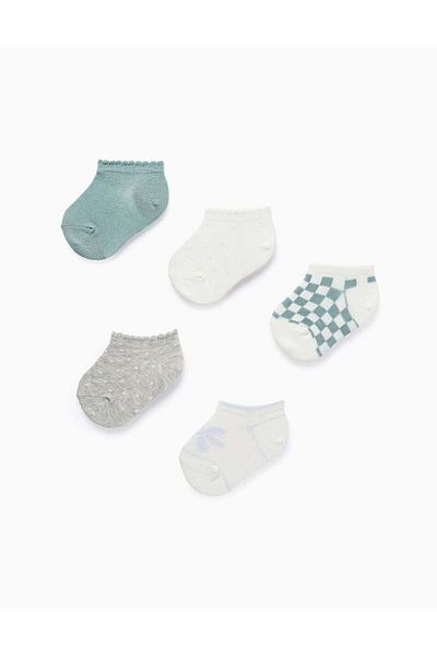 Ziddy Pack of 5 Pairs of Ankle Socks with Lurex Threads for Baby Girls, Grey/White/Green