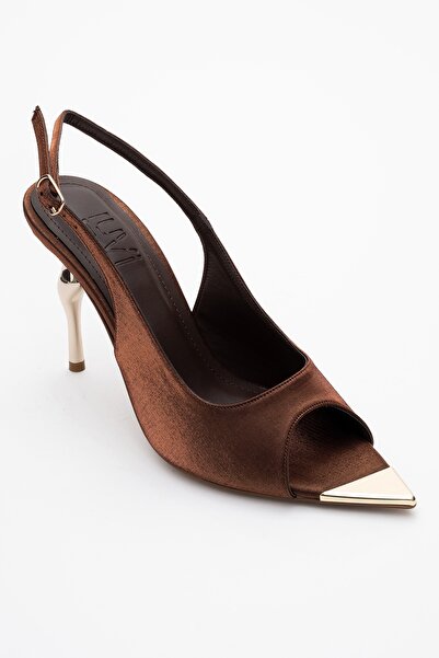 LuviShoes Barly Copper-Brown Satin Gold Detailed Pointed Toe Women's Heeled Shoes