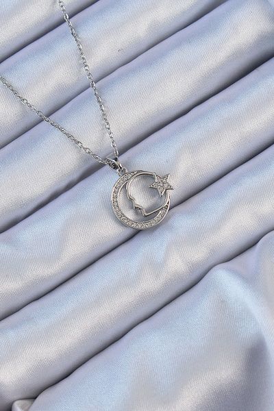 norsary 316L Steel Chain Silver Color Zircon Stone Ataturk Necklace with Moon and Star Icon