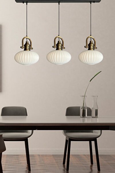 Bamyum Elegant Cam Beyaz Üçlü Avize Delikli Eskitme Başlık Sarkıt Lamba Restoran Salon Aydınlatma