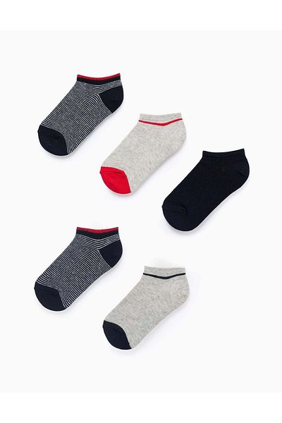 Ziddy Pack of 5 Pairs of Short Plain/Striped Socks for Boys, Blue/Red/Grey