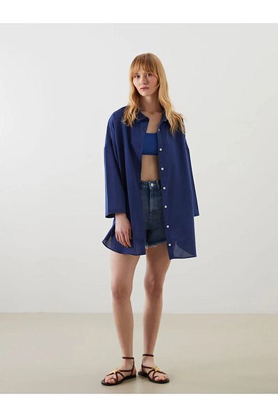 LC Waikiki Γυναικείο φόρεμα παραλίας LCW DREAM Navy Blue πουκάμισο με γιακά