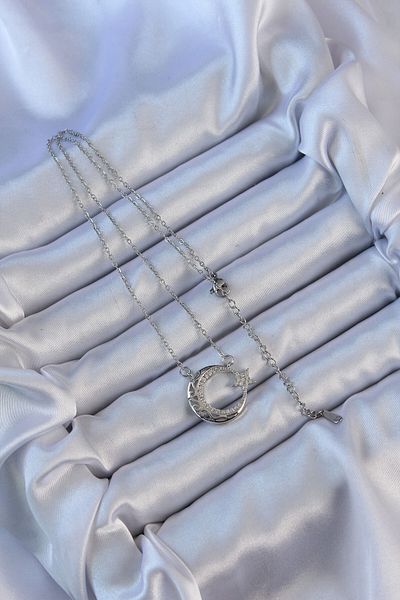 norsary 316L Steel Chain Silver Color Zircon Stone Motif Moon Star Necklace