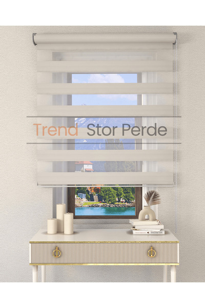 TREND STOR PERDE Geniş Plise Beyaz Etek Dilimsiz Zebra Stor Güneşlik Perde