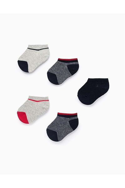 Ziddy Pack of 5 Pairs of Short Plain/Striped Socks for Baby Boys, Blue/Red/Grey