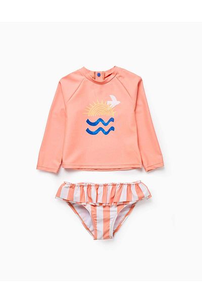 Ziddy T-shirt + Ruffled Swim Briefs for Baby Girls 'Sun', Coral