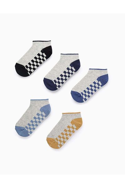 Ziddy Pack of 5 Pairs of Ankle Socks for Boys 'Squares', Grey/Blue/Yellow