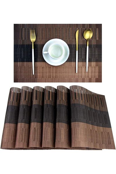 COOYA Placemats,Washable Vinyl Woven Table Mats,Elegant Durable,for Dining Table Set of 6 (Bamboo-Brown)
