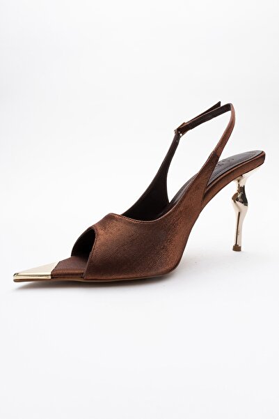 LuviShoes Barly Copper-Brown Satin Gold Detailed Pointed Toe Women's Heeled Shoes