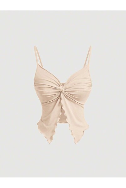 MOONBULL Women's Thin Strap Asymmetrical Cut Twist Detailed Crop Blouse