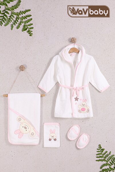 VaVbaby %100 Pamuklu Bebek Havlu Bornoz Seti Kapşonlu Bebek Bornoz Tavşan Desen