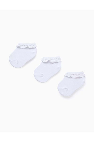 Ziddy Pack of 3 Ankle Socks with Crochet Ruffles for Baby Girls, White