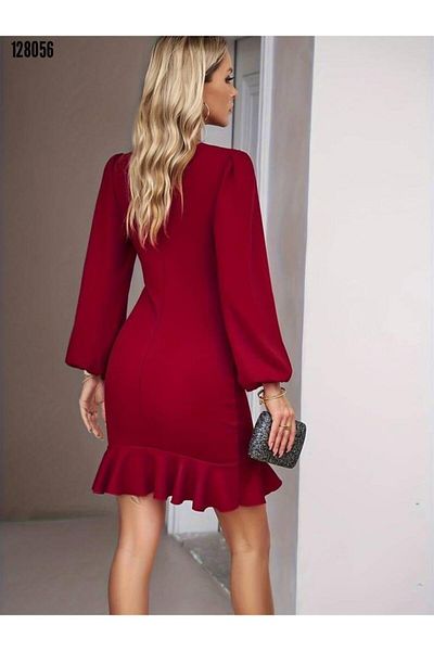 Ebedi Women's Long Sleeve Crew Neck Front Flounce Imported Crepe New Year's Special Red Winter Dress
