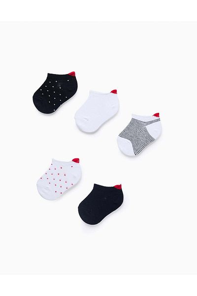 Ziddy Pack of 5 Pairs of Ankle Socks with Heart for Baby Girls, White/Navy Blue