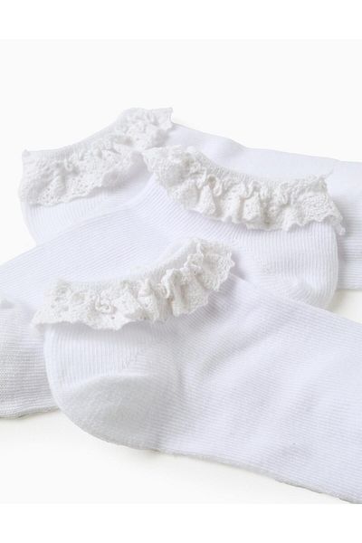Ziddy Pack of 3 Ankle Socks with Crochet Ruffles for Girls, White