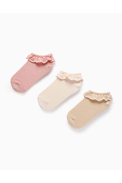 Ziddy Pack of 3 Ankle Socks with Broderie Anglaise Ruffles for Girls, Pink/Beige
