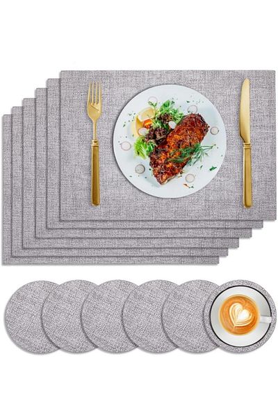 COOYA Set of 6 16.9" x 11.8" Faux Leather Placemats,with 3.9" Coasters,Waterproof & Stain-Resistant(Grey)