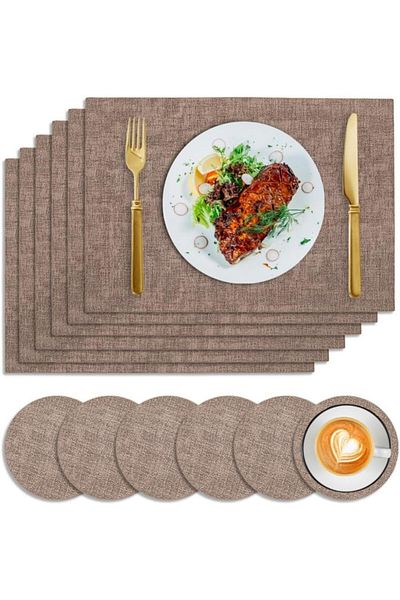 COOYA 16.9" x 11.8" Placemats, Set of 6 Faux with 3.9" Coasters, Waterproof & Stain-Resistant (Brown)