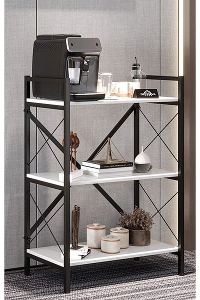 Golden Bark Modern Coffee Corner,side Table,with 3 Wooden Shelves,black Metal Frame,white/black