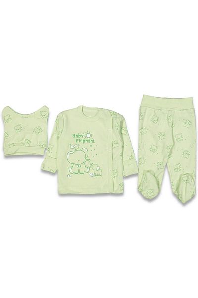 TRENDİMİZBİR Baby Boy Elephant Patterned Green 3-Piece Bodysuit Set