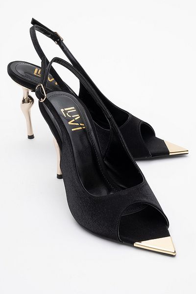 LuviShoes Pantofi cu toc de damă BARLY negru satinat auriu cu vârf ascuțit