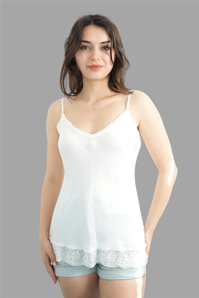 Miss Boheme Beyaz Askılı Dantel Detaylı İpek Bluz