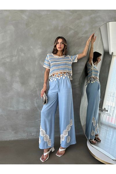 Miss Allos Women's Front Tie-Up Linen Trousers with Embroidered Hem