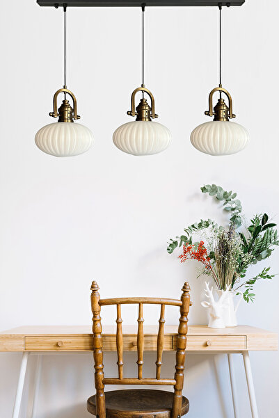 Bamyum Elegant Cam Beyaz Üçlü Avize Delikli Eskitme Başlık Sarkıt Lamba Restoran Salon Aydınlatma