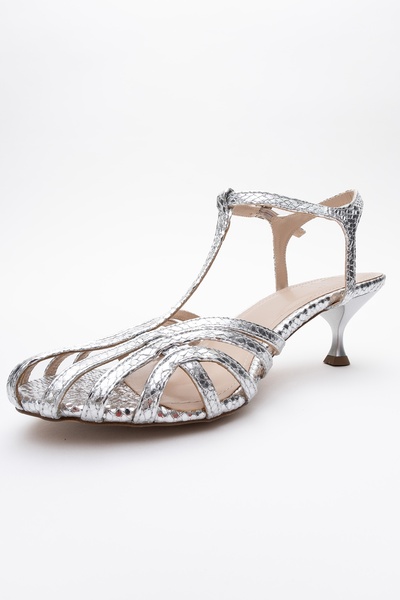 LuviShoes Feli̇p Silver Patterned Banded Women's Short Heeled Shoes